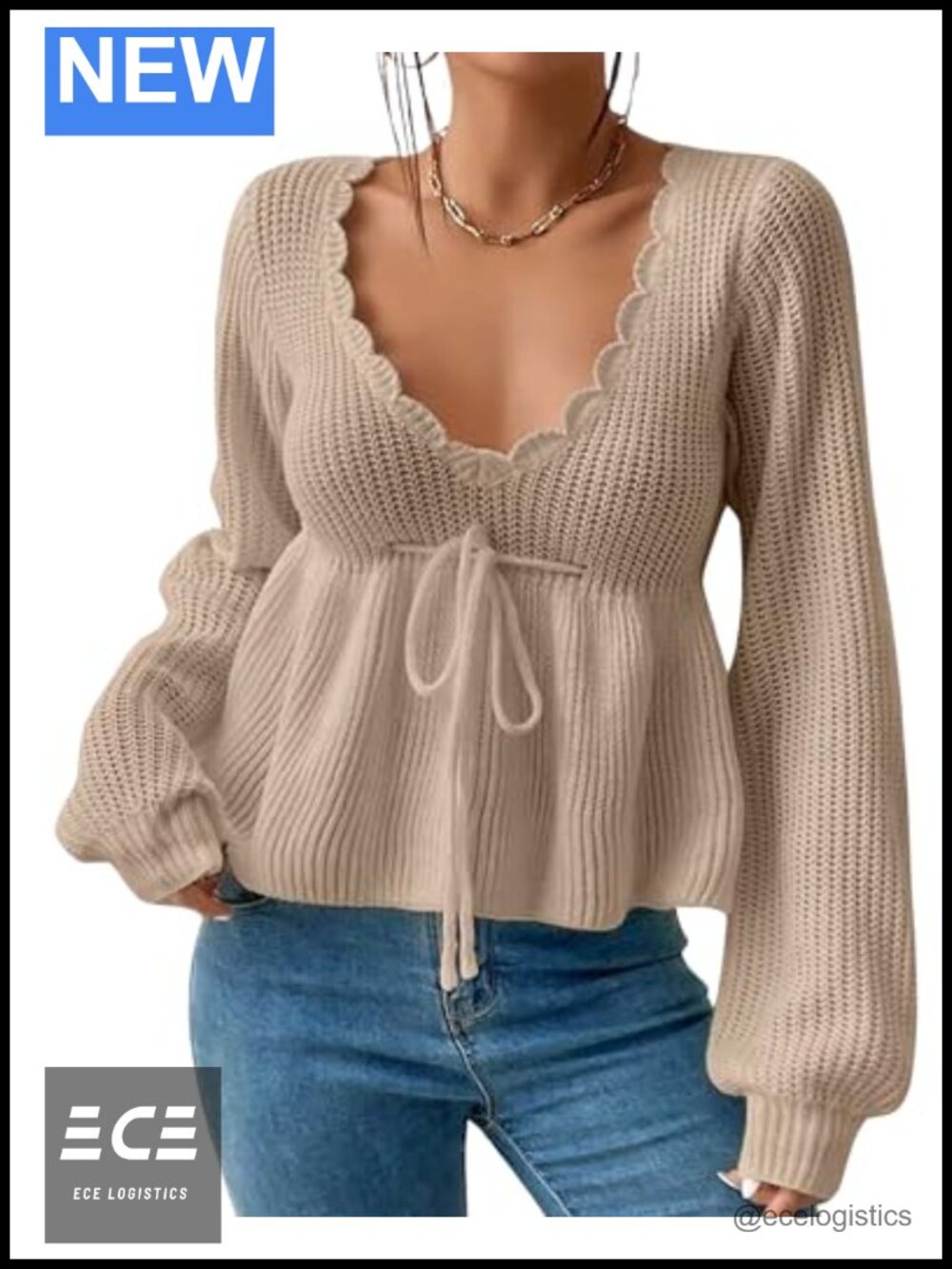 Women's Knit Pullover Sweater Deep V Neck Ruffle Hem Tie Front Long Sleeve